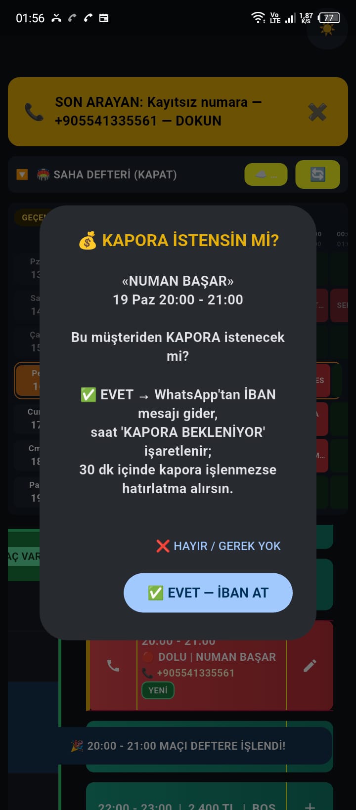 Kapora istensin mi — tek tuşla İBAN gönderme