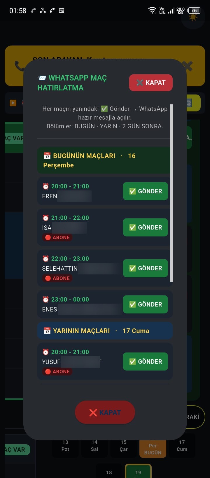 Maç hatırlatma — tek tuşla hatırlatma mesajı