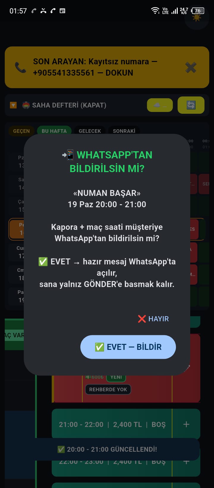 WhatsApp bildirimi — hazır mesaj, sadece gönder